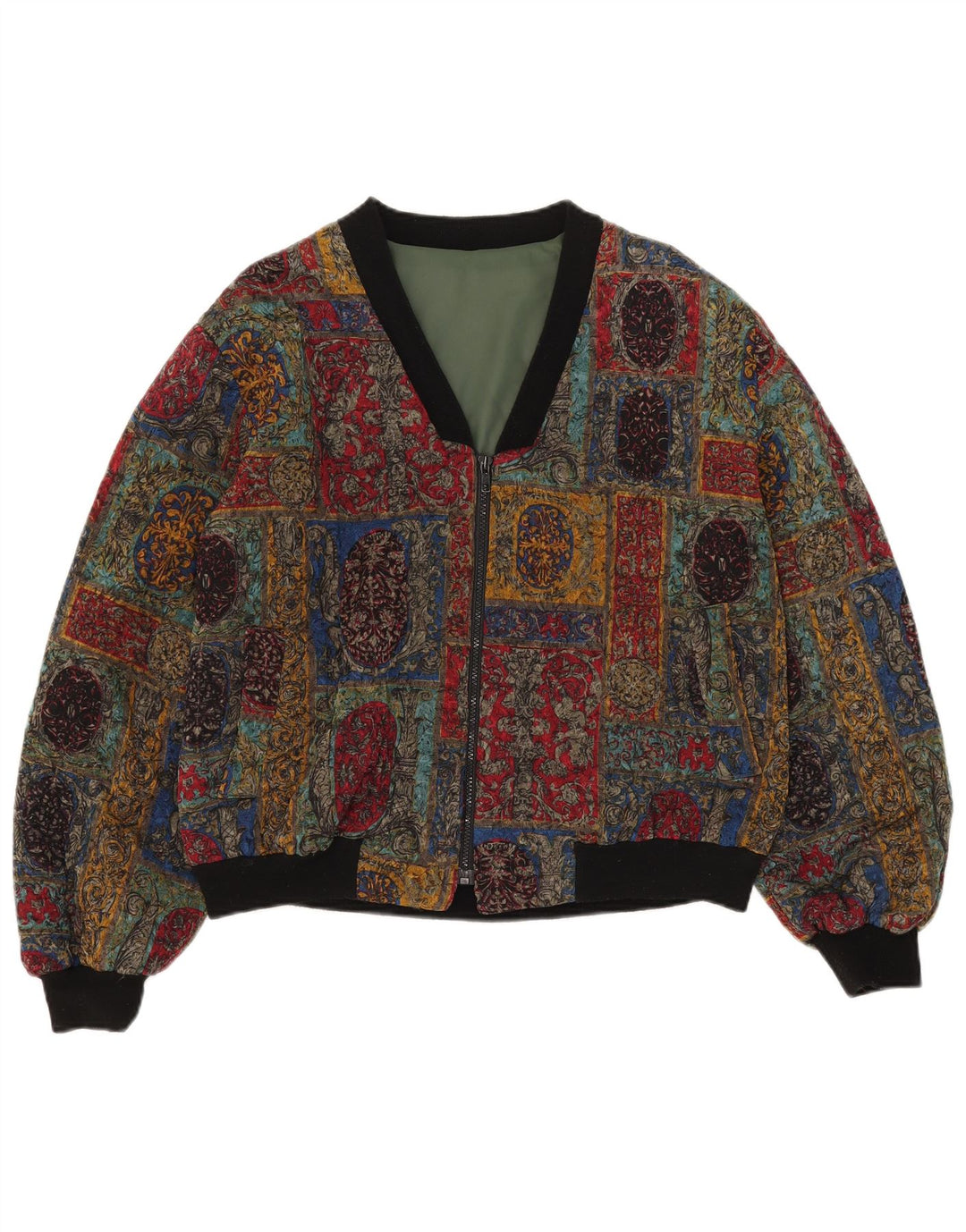 Damska kurtka bomber w stylu vintage UK 16, duża, wielokolorowa, geometryczna