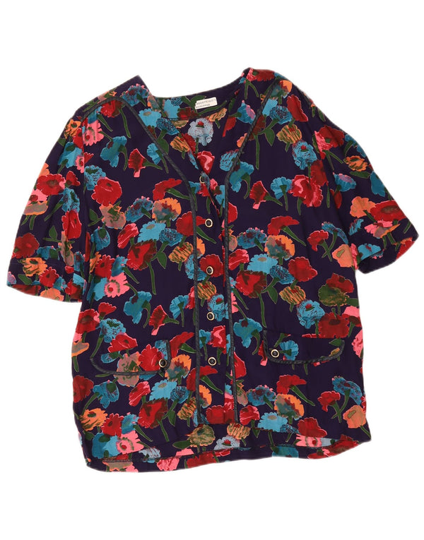Bluzka damska z krótkim rękawem w stylu vintage, UK 16, duża, granatowa, w kwiaty