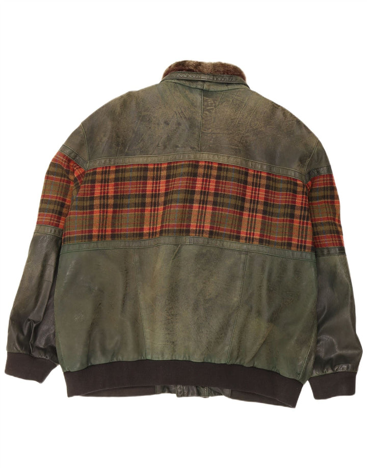 Vintage męska skórzana kurtka UK 46 3XL zielona skóra w kratkę