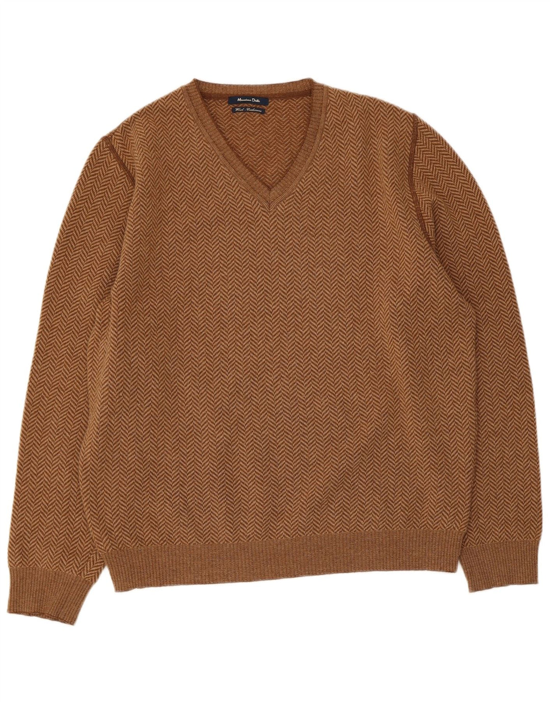 Męski sweter Massimo Dutti z dekoltem w kształcie litery V, duży, brązowy, wełniany w jodełkę