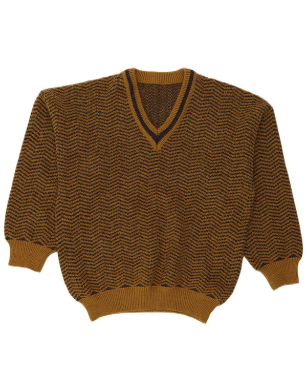 Vintage męski sweter o luźnym kroju z dekoltem w kształcie litery V, mały brązowy Chevron