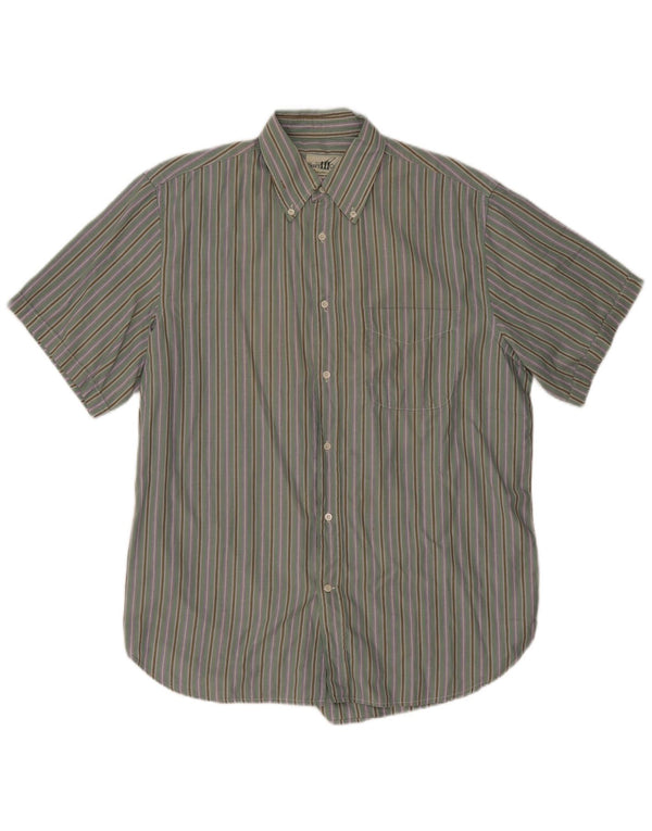 Henry Cottons Mens Short Sleeve Shirt Size 41 16 Large Green Striped