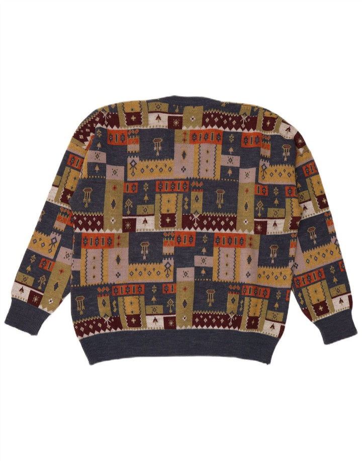 Męski sweter w stylu vintage z dekoltem w szpic, duży, wielobarwny patchwork