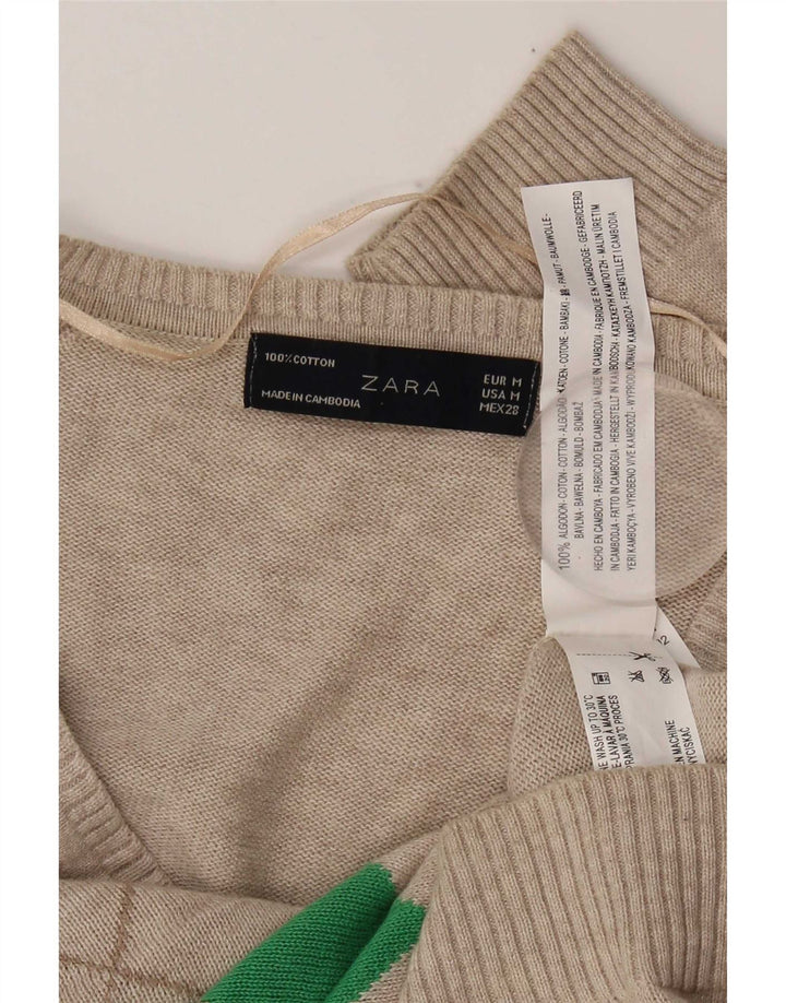 Sweter damski Zara z dekoltem w kształcie litery V, UK 12, średnio szary, argyle/diamentowa bawełna