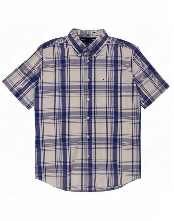 Tommy Hilfiger Mens Short Sleeve Shirt Medium Blue Plaid Cotton