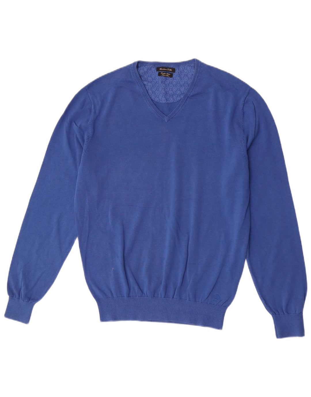 Męski sweter Massimo Dutti z dekoltem w kształcie litery V, średnioniebieski, bawełniany