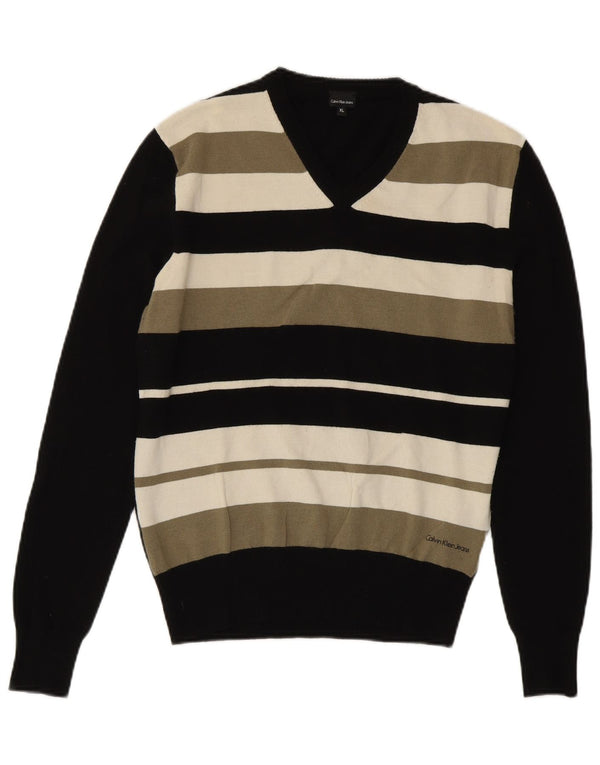 Damski sweter Calvin Klein Jeans z dekoltem w kształcie litery V, mały, wełniany, w czarne paski