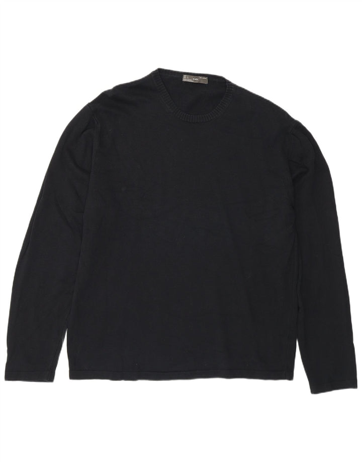 Męski sweter z okrągłym dekoltem Zara, duży, granatowy, bawełniany