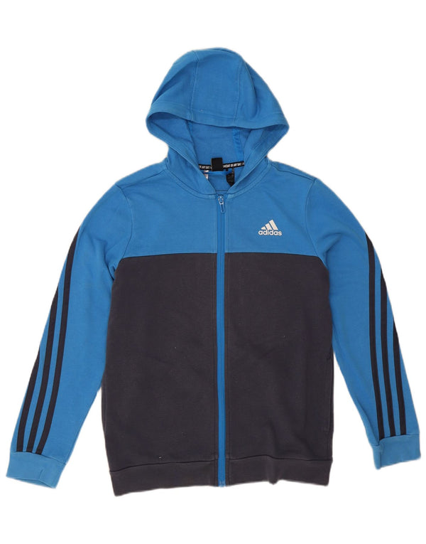 Chłopięcy sweter Adidas z kapturem i zamkiem błyskawicznym 11-12 lat, niebieska bawełna z blokami kolorów