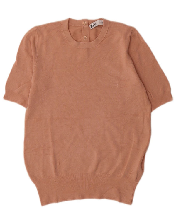 Zara Womens Short Sleeve Crew Neck Jumper Sweater UK 10 Small Pink Viscose