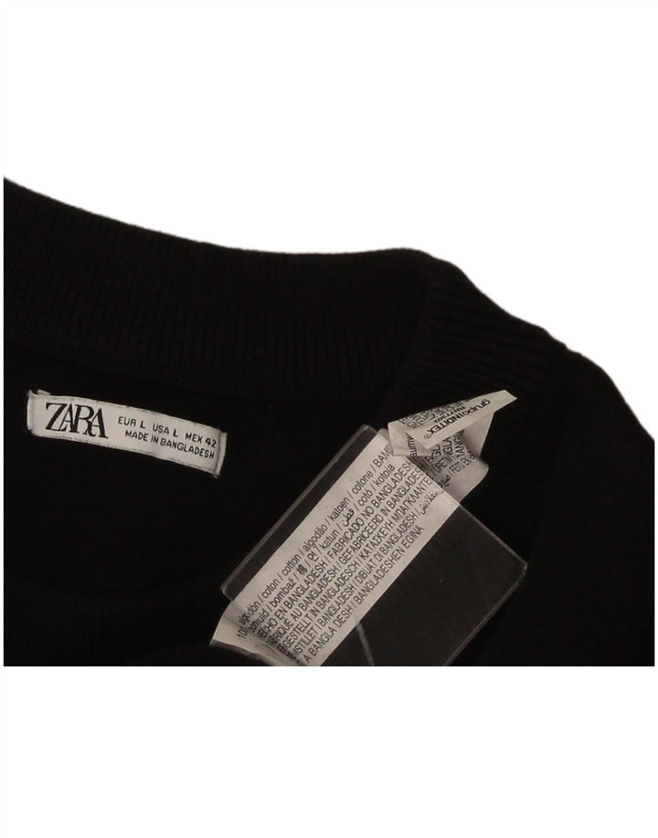 Zara Męski sweter z okrągłym dekoltem, duży, czarny, bawełniany