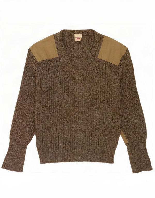 Męski sweter wojskowy w stylu vintage, z dekoltem w szpic, w kolorze średnioszarym