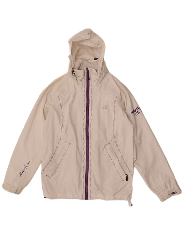 Helly Hansen Womens Graphic Hooded Rain Jacket UK 10 Small White Polyamide