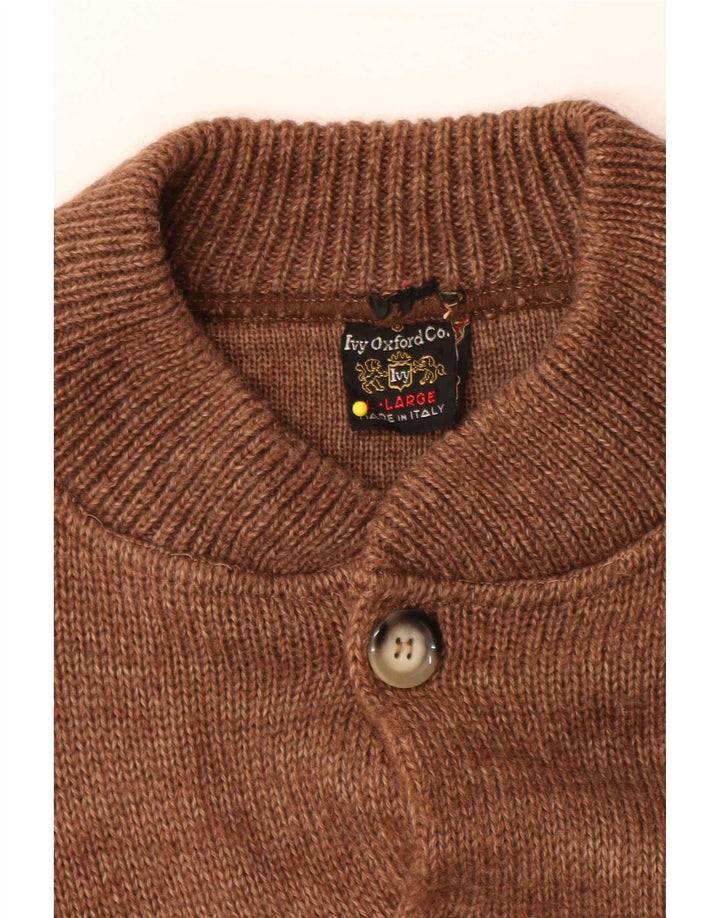 Ivy Oxford Męski sweter zapinany na guziki, duży, brązowy, wełniany
