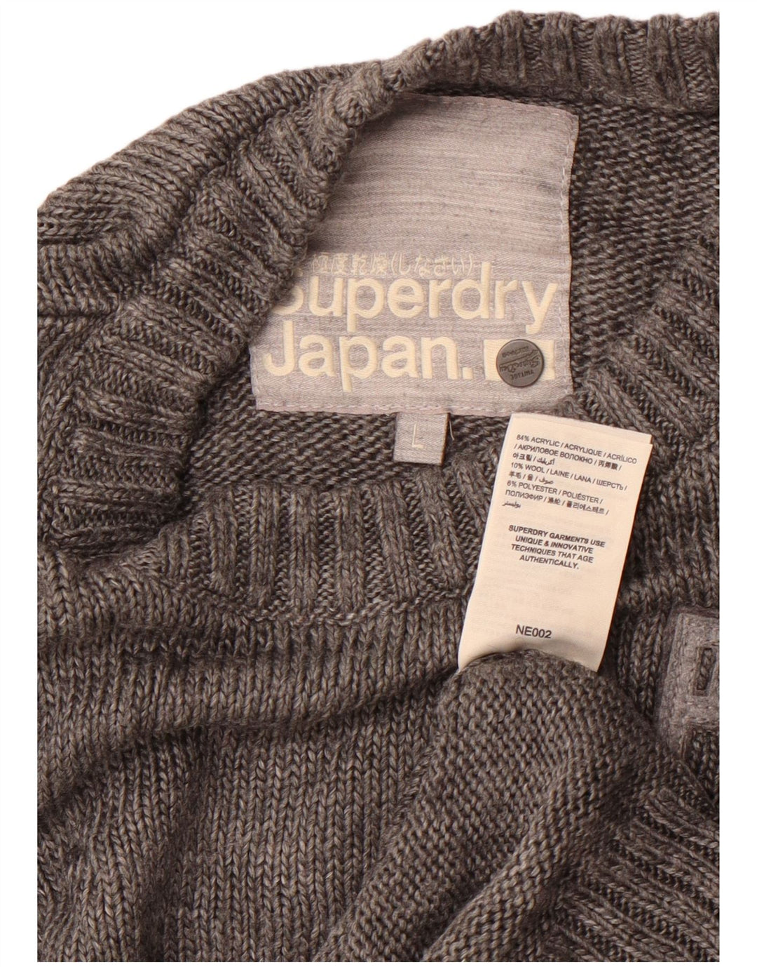 Męski sweter Superdry z graficznym wycięciem pod szyją, duży, szary, akrylowy