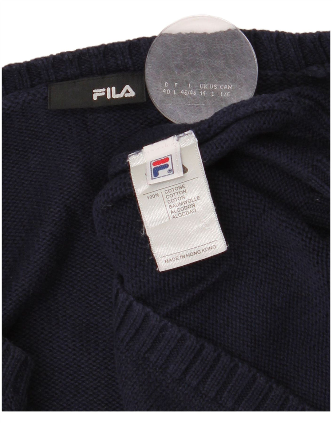 Sweter damski Fila z dekoltem w kształcie litery V, UK 14, średni granatowy, bawełniany