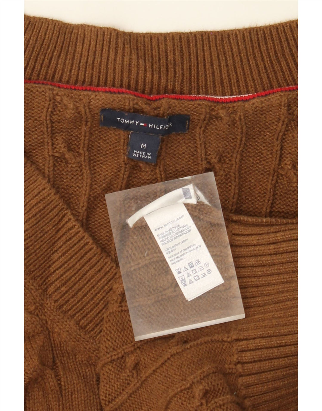 Damski sweter TOMMY HILFIGER z dekoltem w kształcie litery V, UK 12, średni brąz, bawełna