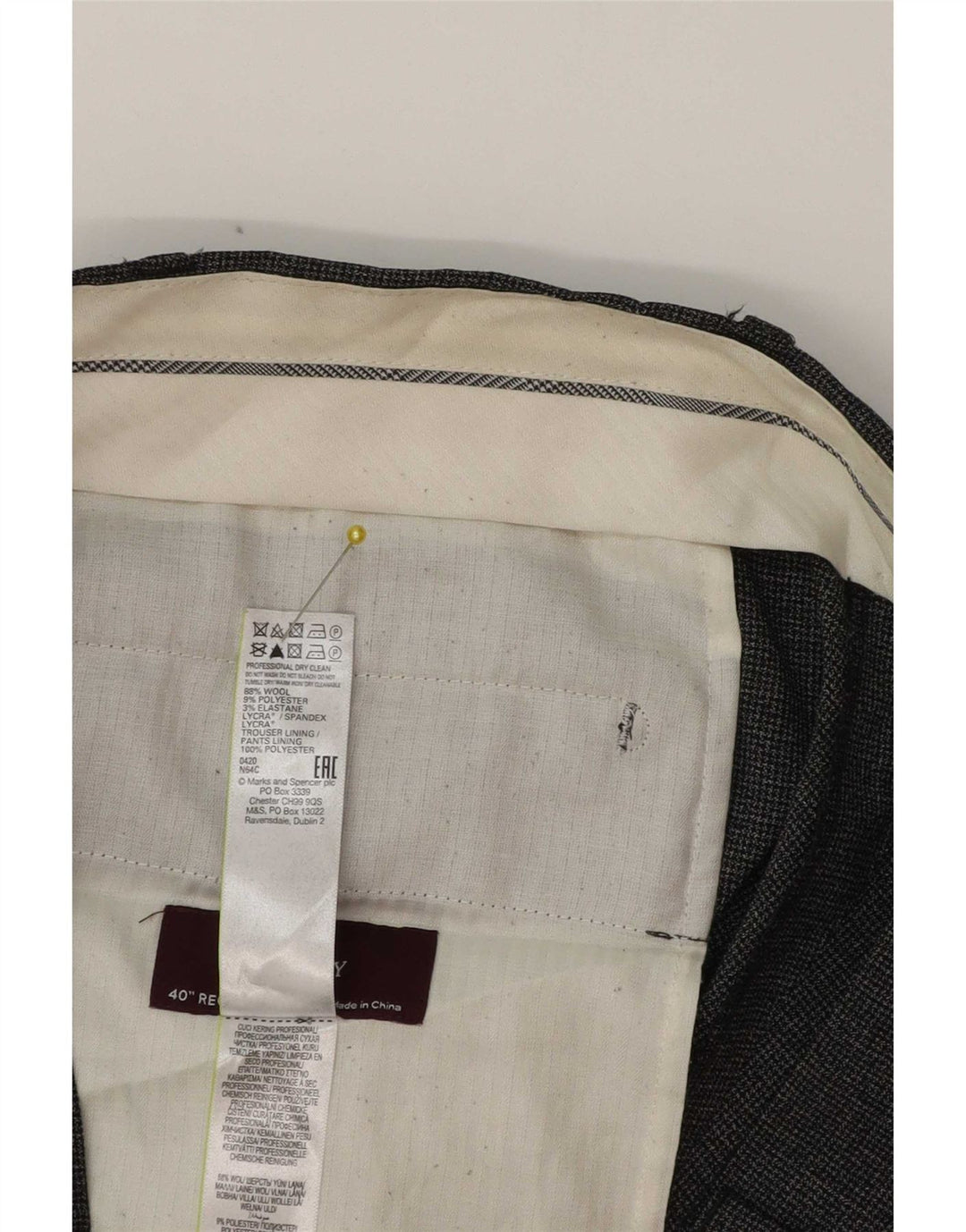 Marks & Spencer Męskie zwężane spodnie garniturowe W40 L31 Szara wełniana klasyczna