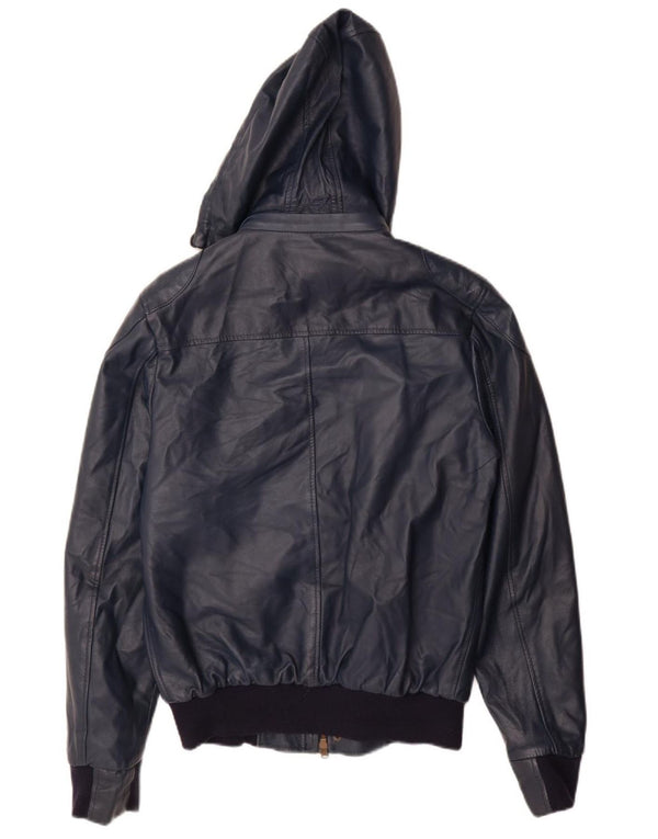 Damska kurtka skórzana z kapturem VINTAGE UK 14, duża, granatowa, skórzana