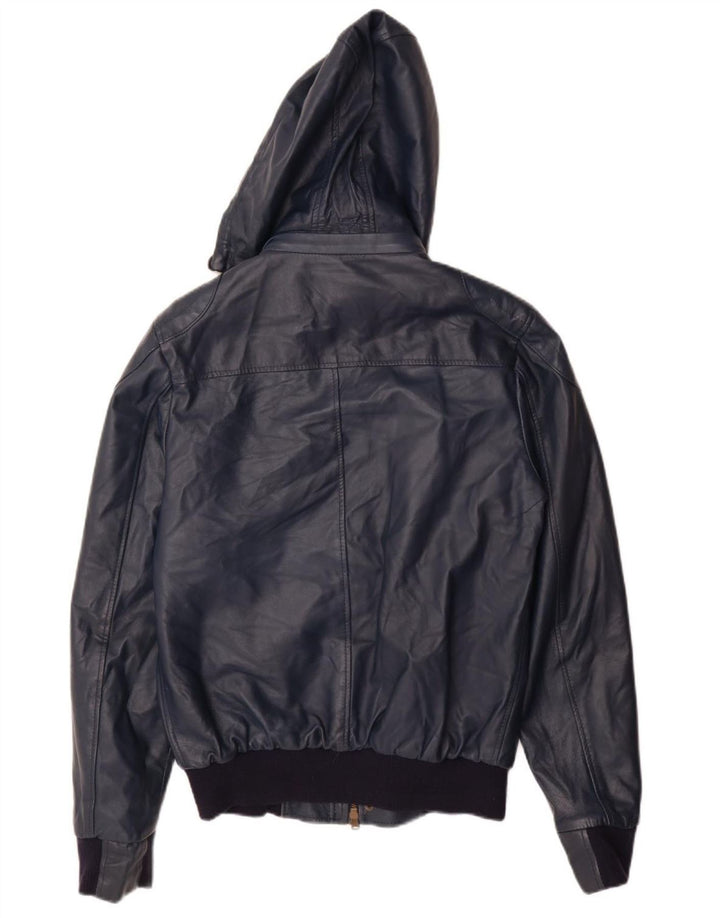 Damska kurtka skórzana z kapturem VINTAGE UK 14, duża, granatowa, skórzana