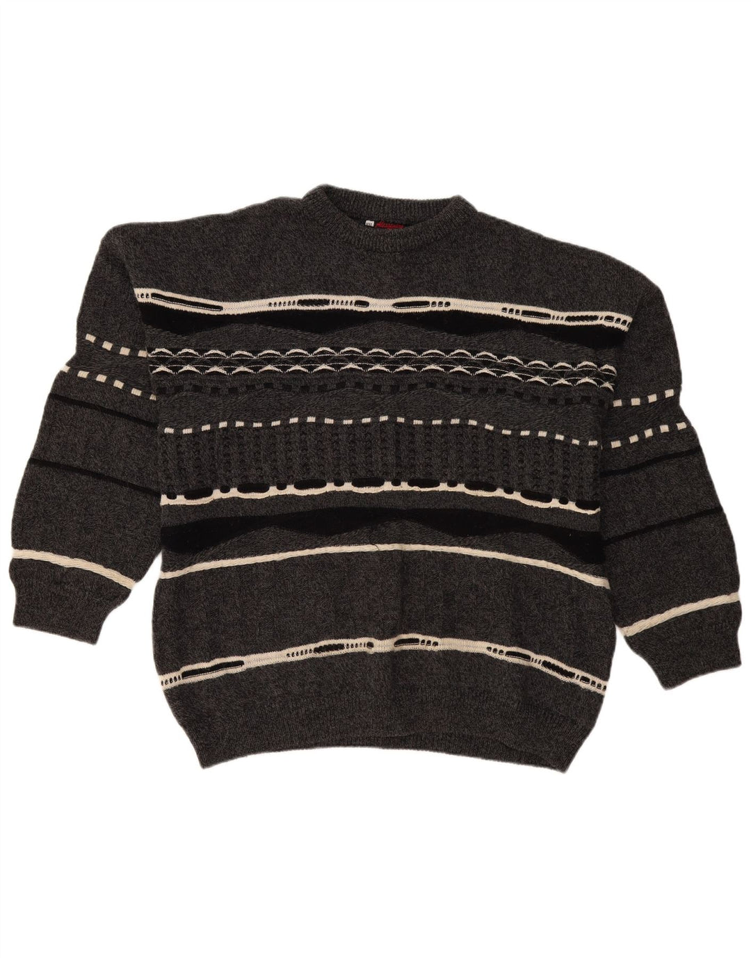 Vintage męski sweter z okrągłym dekoltem 2XL, szara wełniana w paski