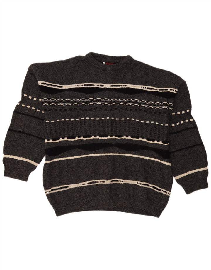 Vintage męski sweter z okrągłym dekoltem 2XL, szara wełniana w paski