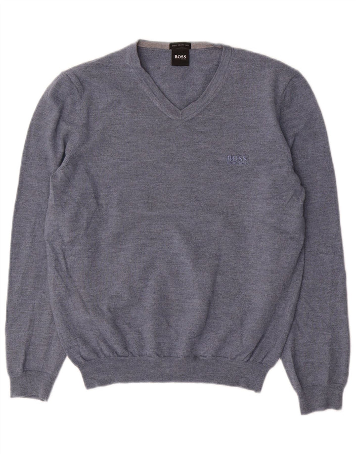 HUGO BOSS Mens V-Neck Jumper Sweater Large Blue