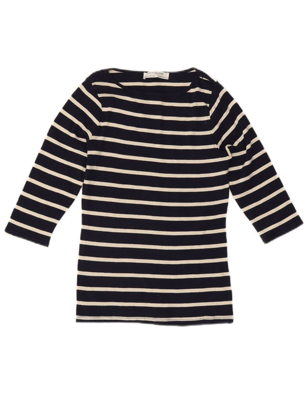 ZARA Womens Top 3/4 Sleeve UK 12 Medium Navy Blue Striped Cotton