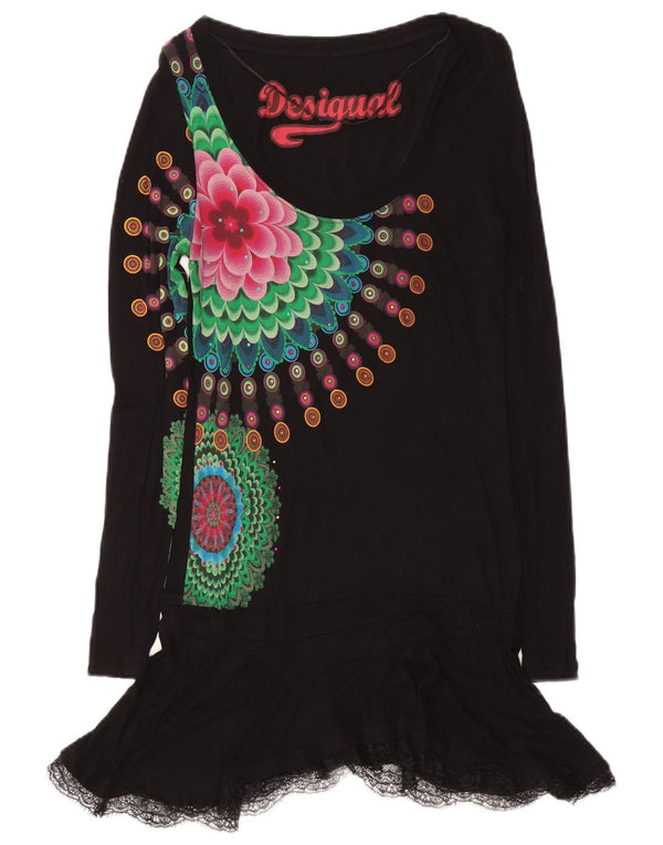 Desigual damska graficzna sukienka z obniżoną talią UK 12, średnia czarna w kwiaty