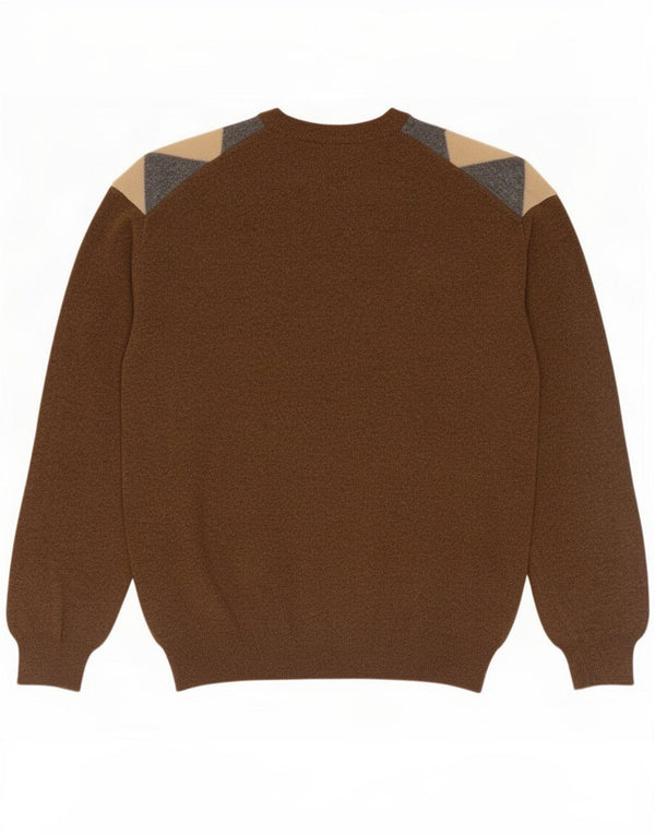 Benetton Mens Crew Neck Jumper Sweater XL Brown Argyle/Diamond Wool
