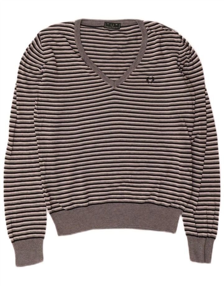 Sweter damski Fred Perry z dekoltem w kształcie litery V, UK 14, bawełniany w średnie szare paski