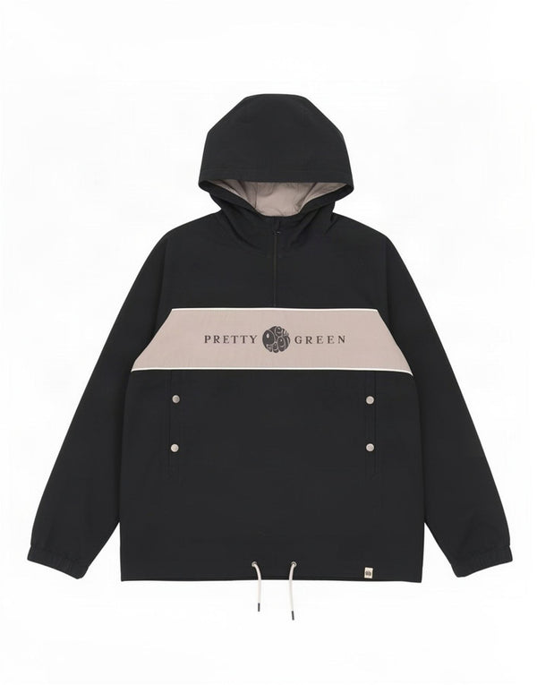 Pretty Green Męska kurtka Anorak z kapturem UK 40, duża, czarna, z blokami kolorów