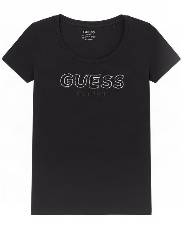 Damska koszulka graficzna Guess Top UK 6 XS, czarna bawełna