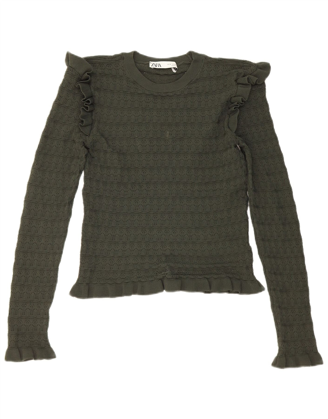 Damski top z krótkim rękawem Zara, krótki, falbany z przodu, z długim rękawem, UK 8, mały, khaki, poliester