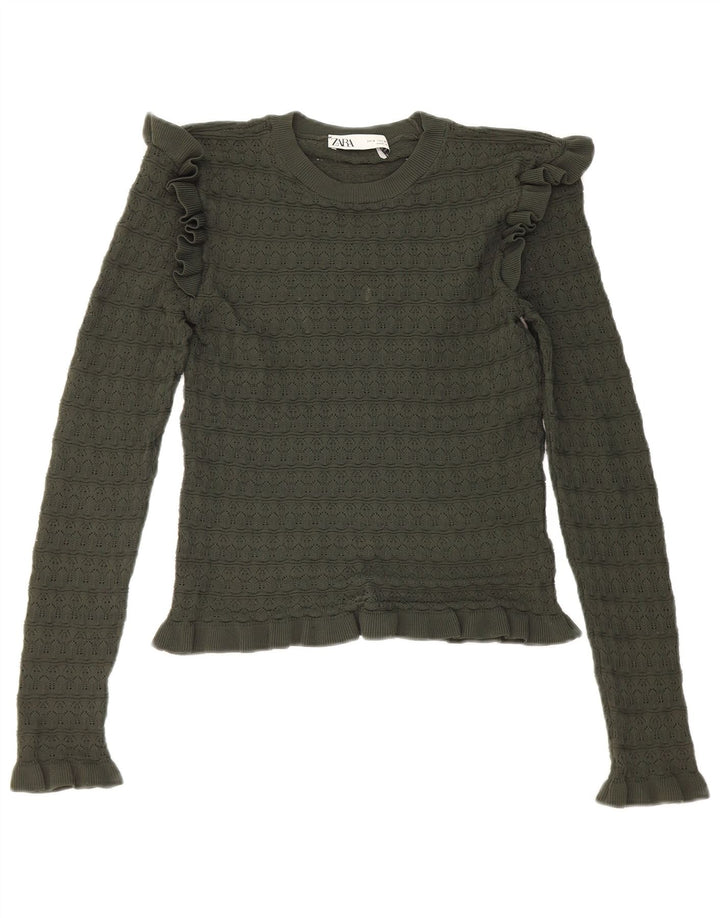 Damski top z krótkim rękawem Zara, krótki, falbany z przodu, z długim rękawem, UK 8, mały, khaki, poliester