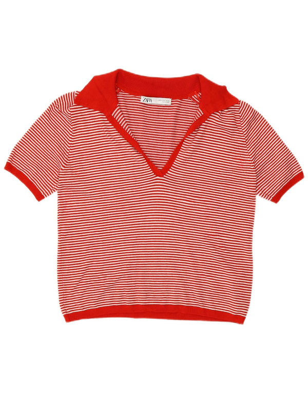 Damska koszulka polo Zara UK 10 Small Red Striped Wiskoza