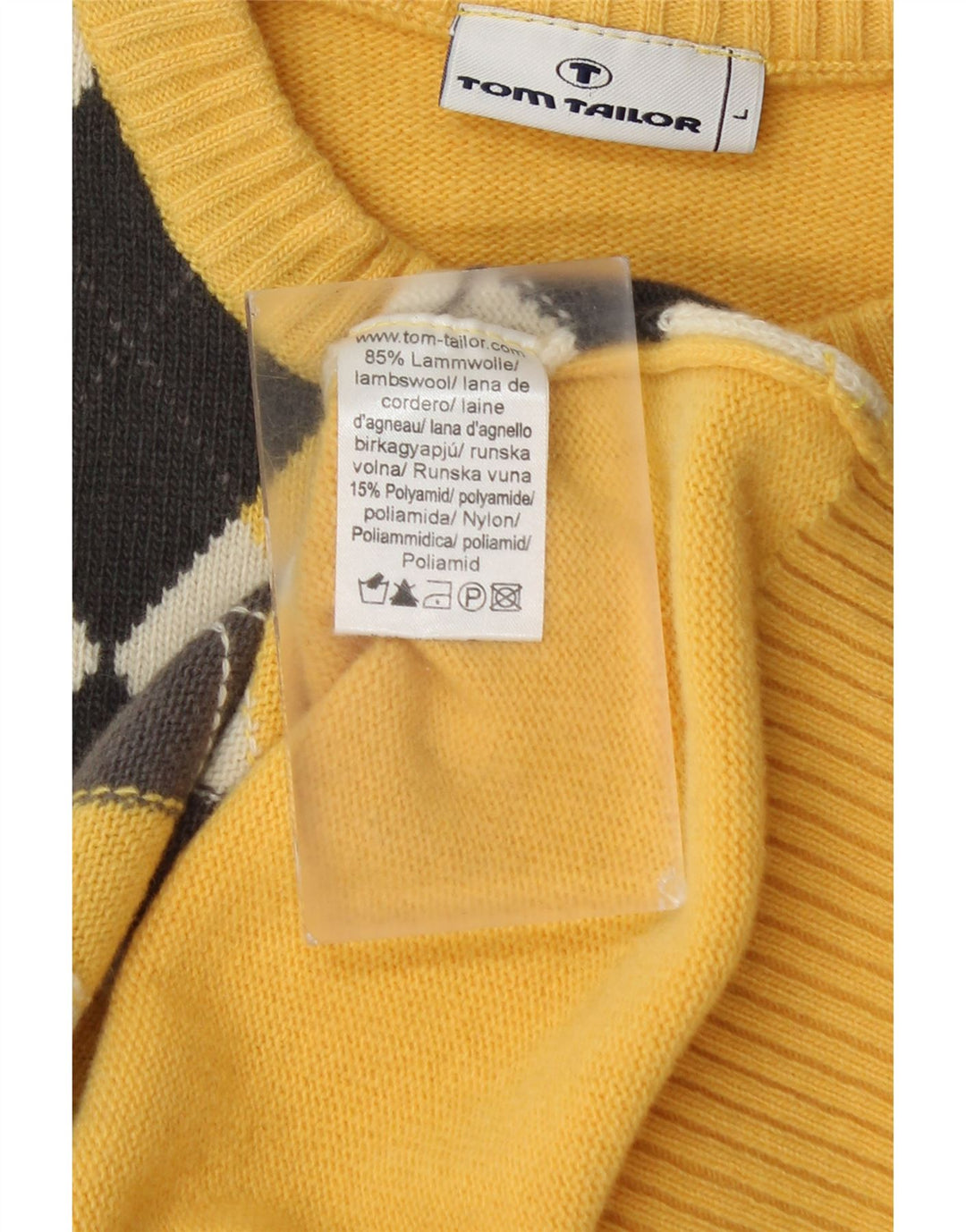 Tom Tailor Męski sweter z okrągłym dekoltem, duży, żółty, argyle/diamentowa wełna