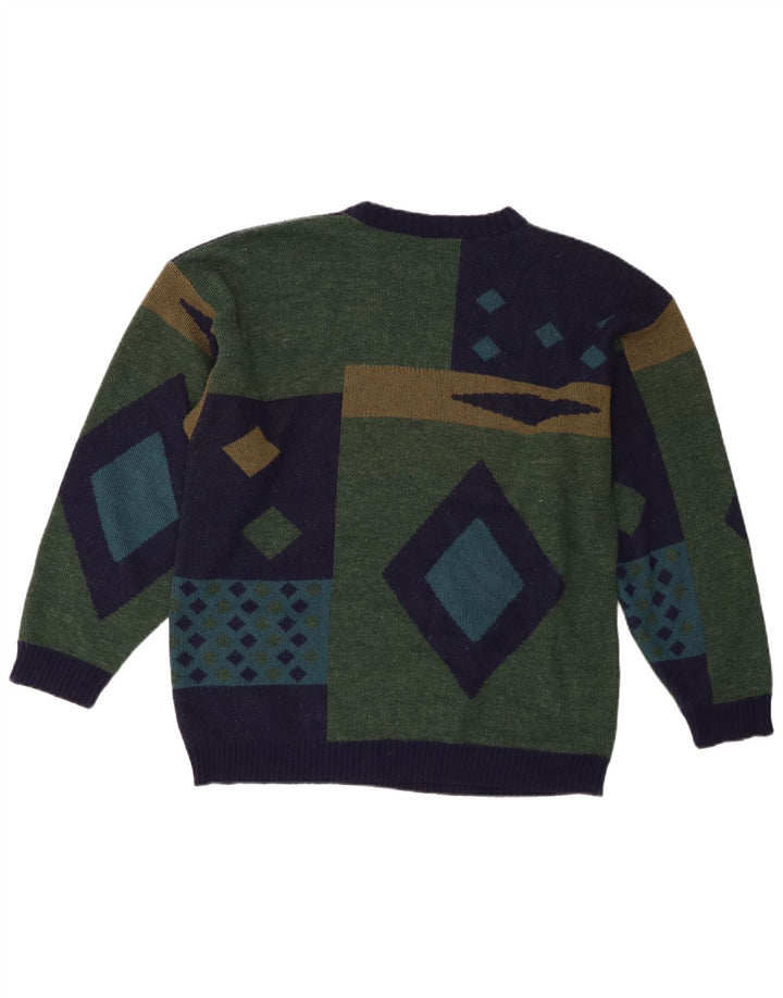 Vintage męski sweter z okrągłym dekoltem, średnio zielony, geometryczny