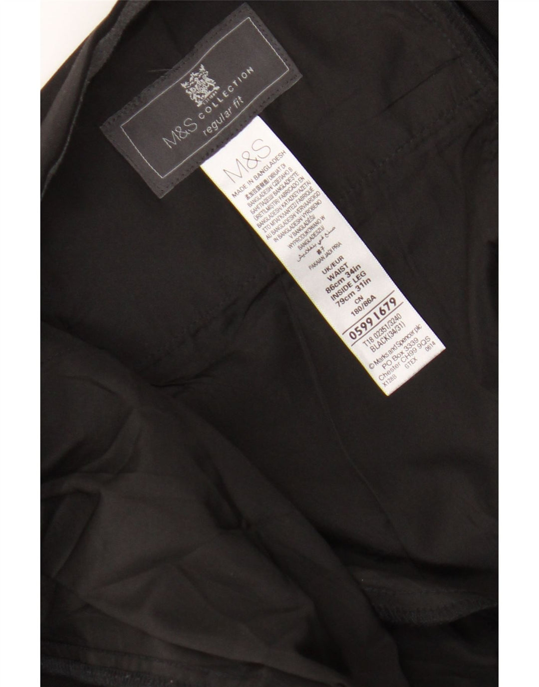 Męskie spodnie garniturowe Marks & Spencer o regularnym kroju W34 L27, czarny poliester