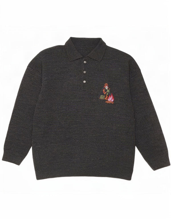 Vintage męski sweter z grafiką polo, duży, szary