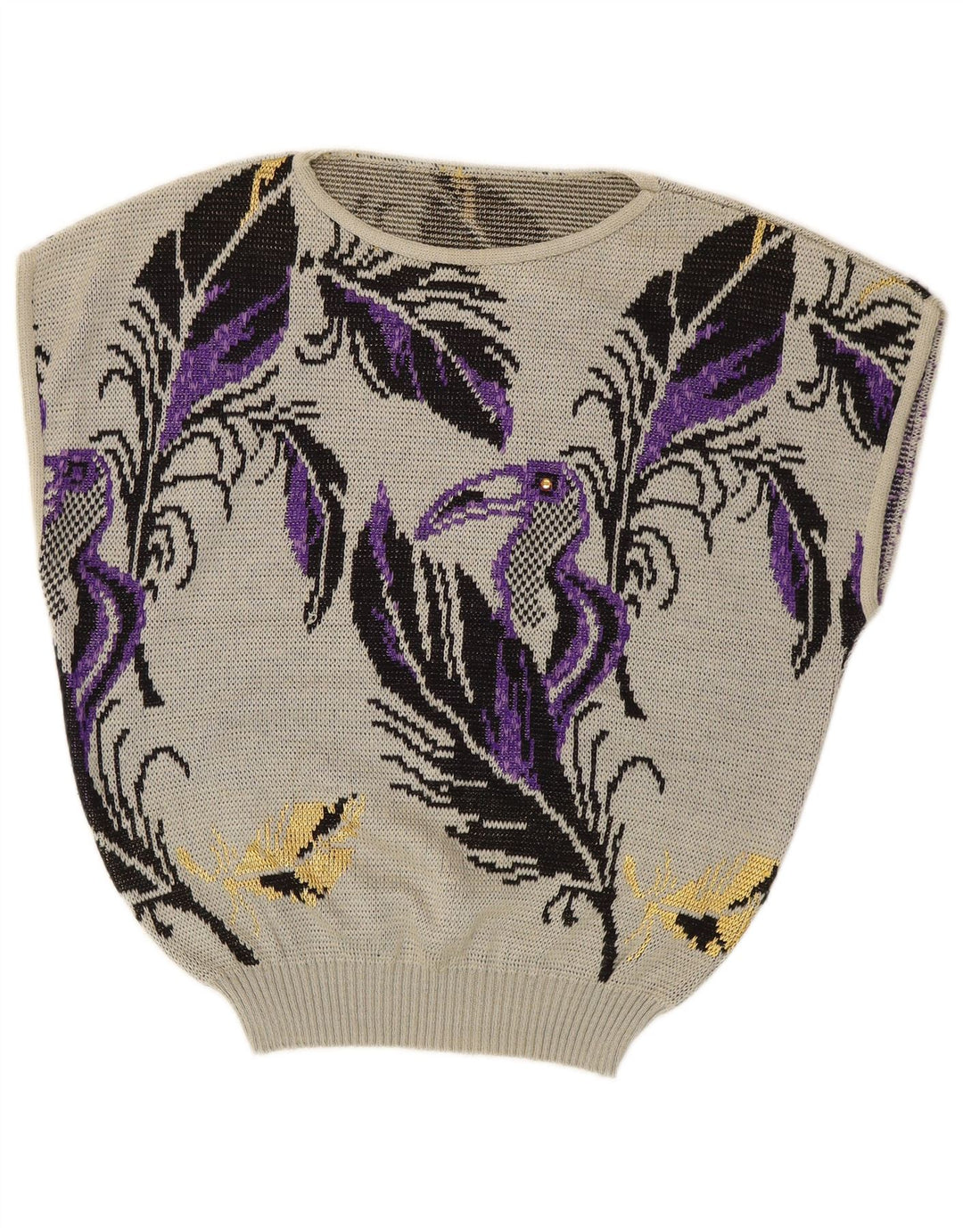 Damski sweter VINTAGE bez rękawów z dekoltem w łódkę UK 14, duży, szary w kwiaty