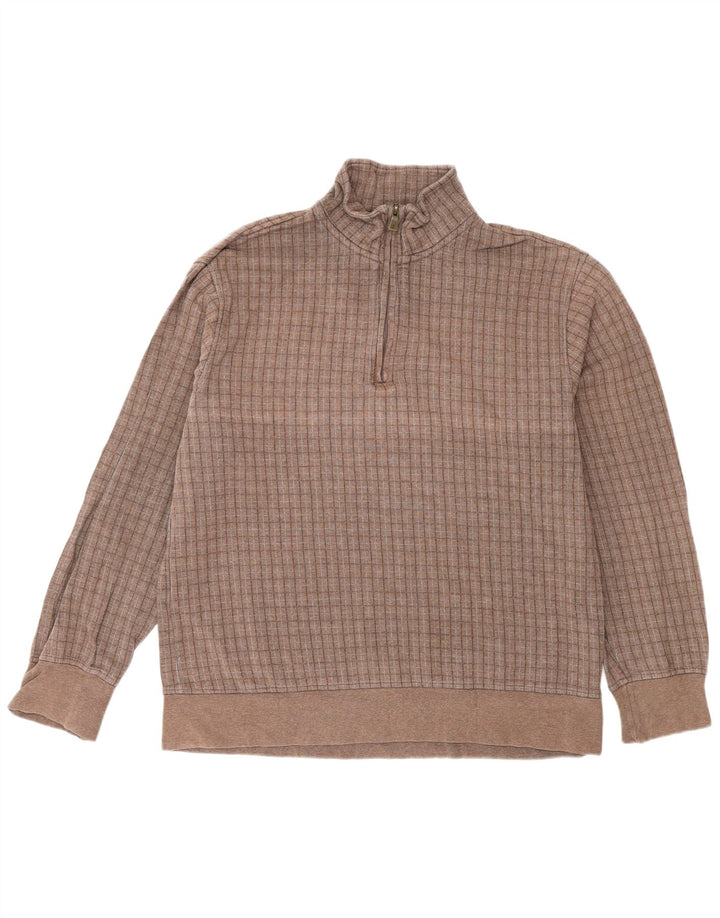 Izod Męski sweter z zamkiem błyskawicznym, bawełniany w brązową kratkę