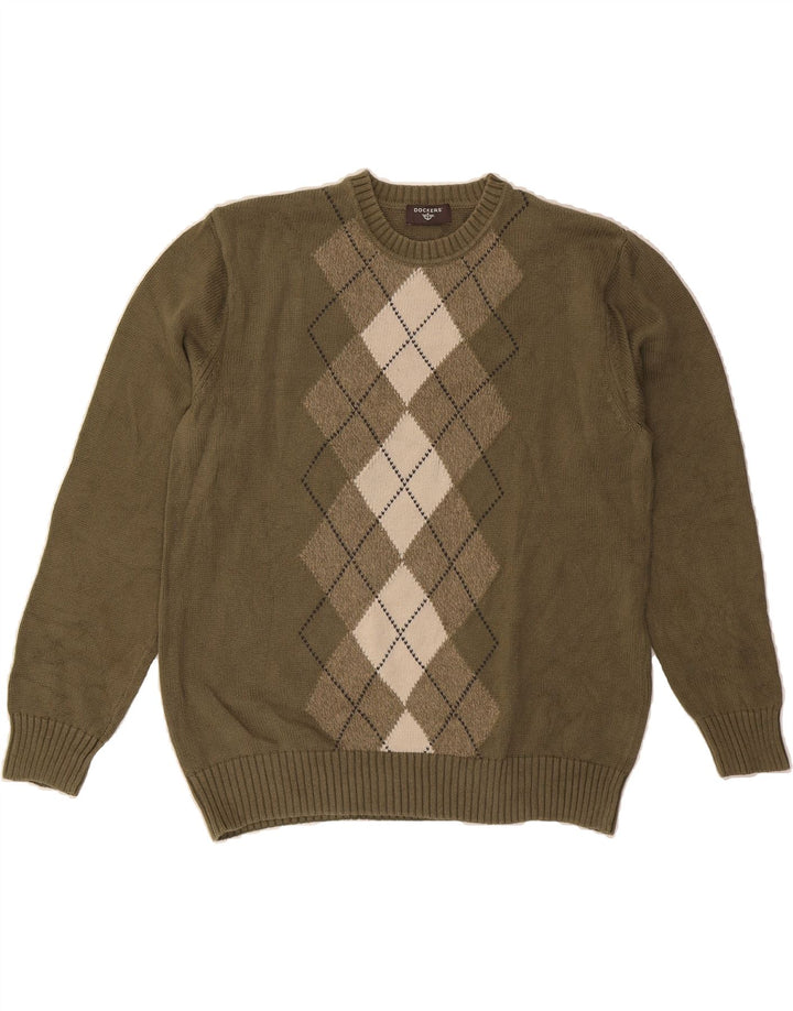 DOCKERS Mens Crew Neck Jumper Sweater Large Khaki Argyle/Diamond Vintage Dockers and Second-Hand Dockers from Messina Hembry 