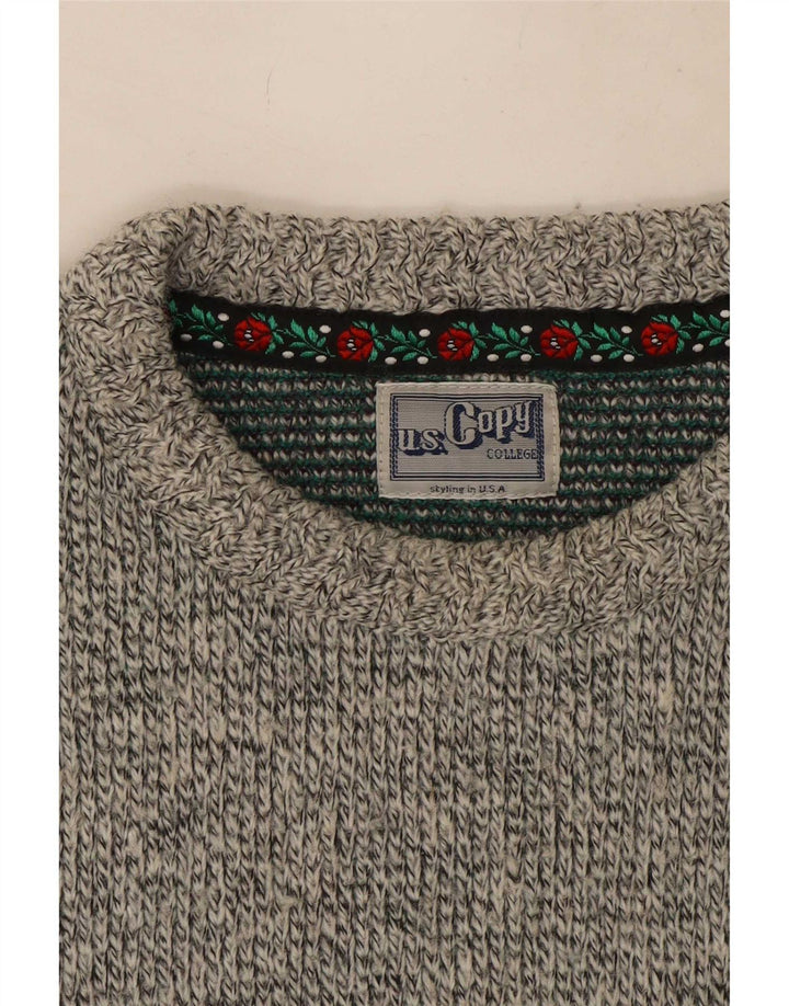 Vintage męski sweter z okrągłym dekoltem, duży, szary, wełniany Fair Isle