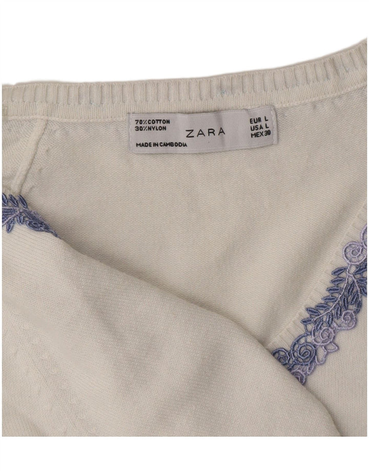 Sweter damski ZARA z dekoltem w kształcie litery V, UK 14, duży, biały, bawełniany