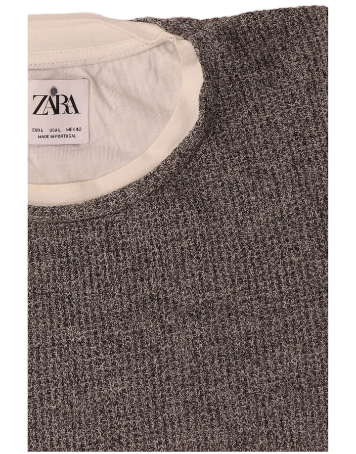 Męski sweter Zara z okrągłym dekoltem, duży, szary, bawełniany