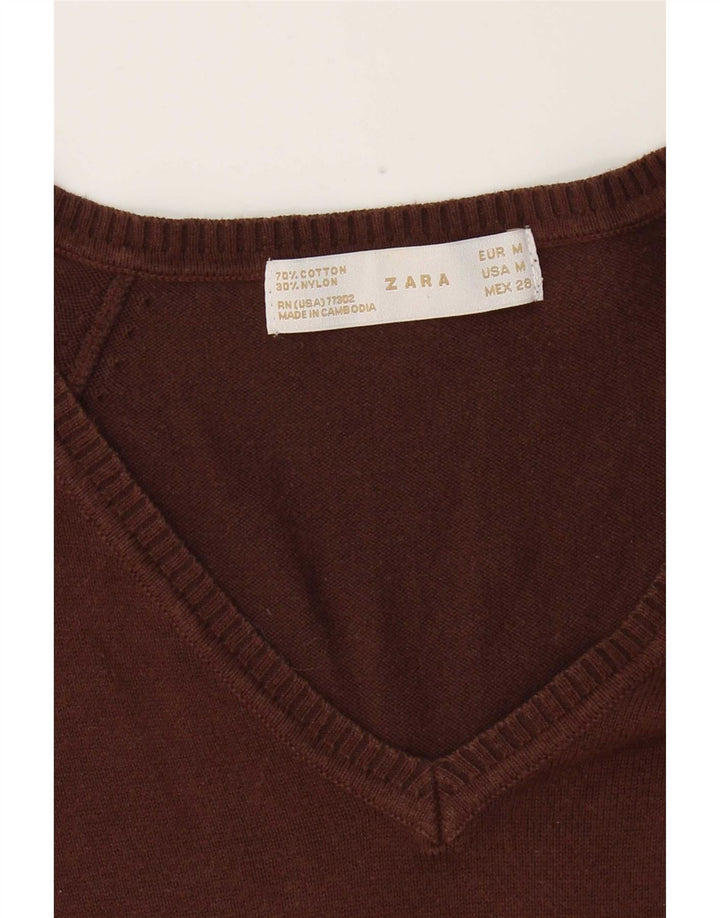 Sweter damski Zara z dekoltem w kształcie litery V, UK 12, średni brązowy, bawełniany