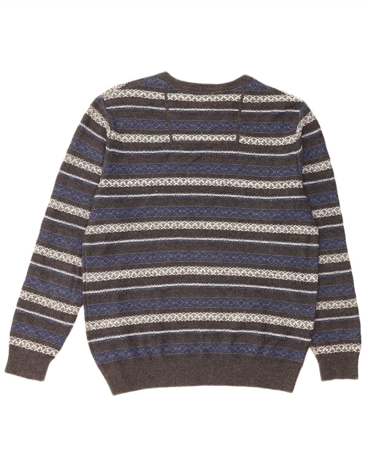 Męski sweter z okrągłym dekoltem w stylu vintage, średnioszary, bawełniany w paski