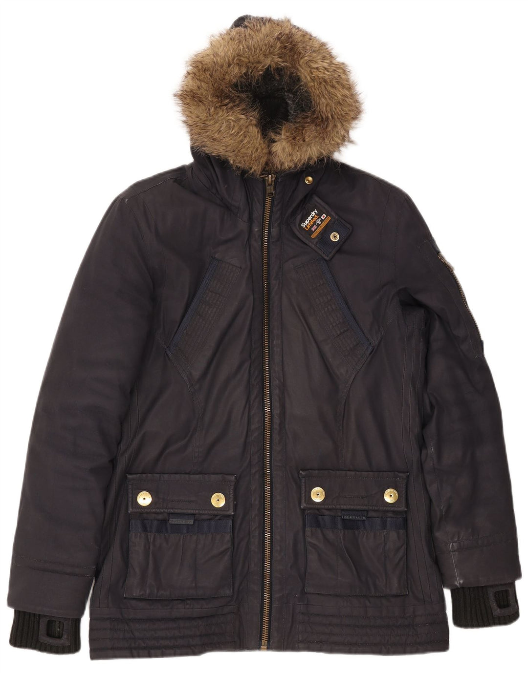 SUPERDRY Damska kurtka parka z kapturem UK 16, duża, granatowa, bawełniana