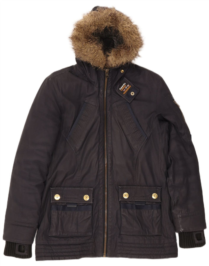 SUPERDRY Damska kurtka parka z kapturem UK 16, duża, granatowa, bawełniana